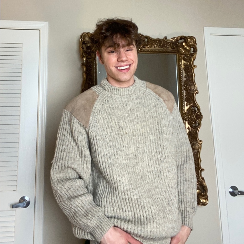 Pure New Wool Sweater with Leather Shoulder Pads